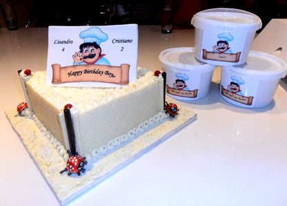 white chocolate cake with vanilla frosting trimmings and chef themed party packs
