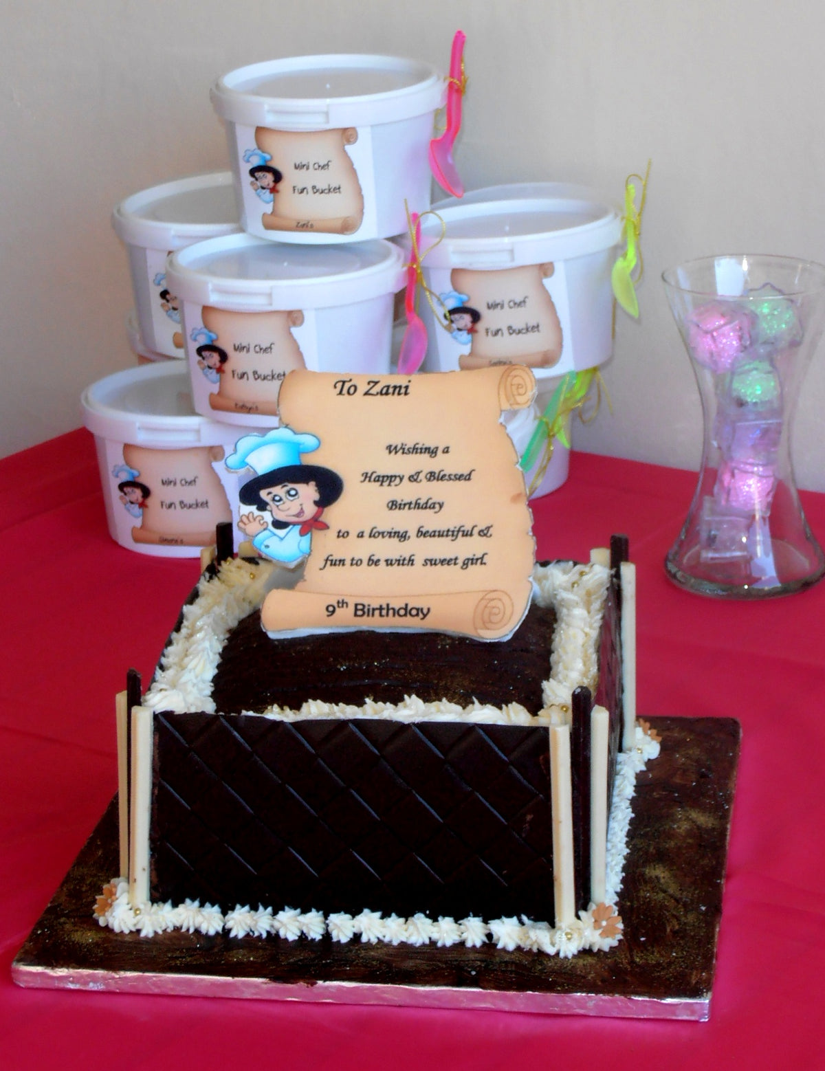 Chef Decor Party Combo with a chocolate cake and fondant designs with chef party packs