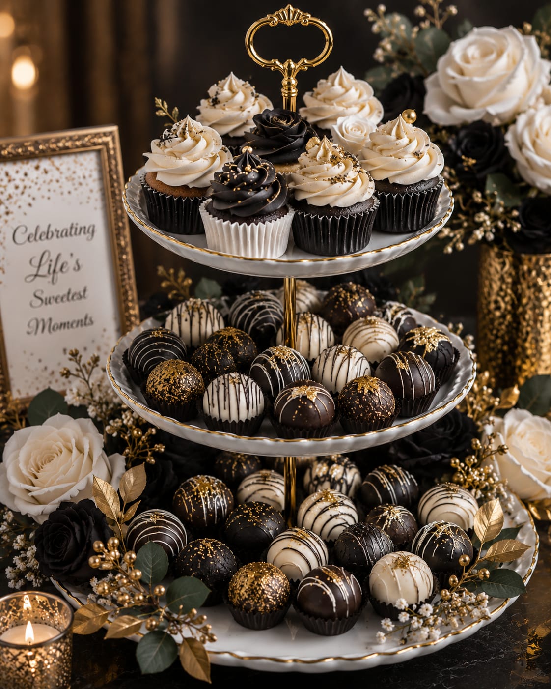Opulent Black & White Cake & Truffle Tier