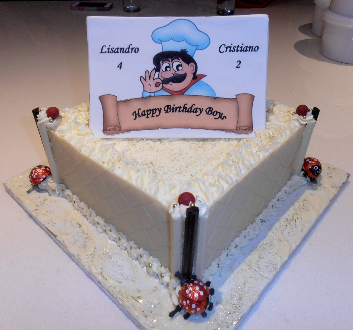 chef themed white chocolate cake